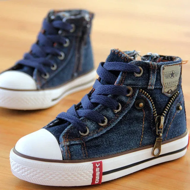 14 kinds New Arrived Size 25-37 Children Shoes Kids Canvas Sneakers Boys Jeans Flats Girls Boots Denim Side Zipper Shoes