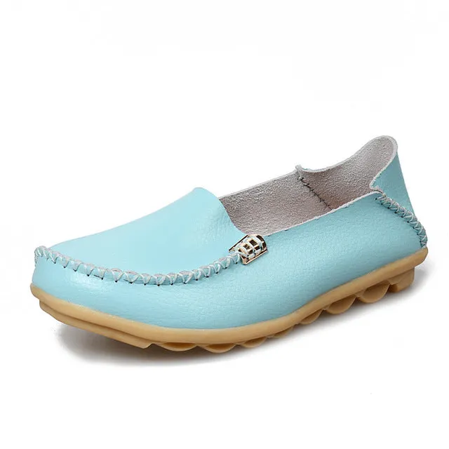 2017 Summer Candy Colors Genuine Leather Women Casual Shoes Fashion Breathable Slip-on Peas Massage Metal Decoration Flat Shoes