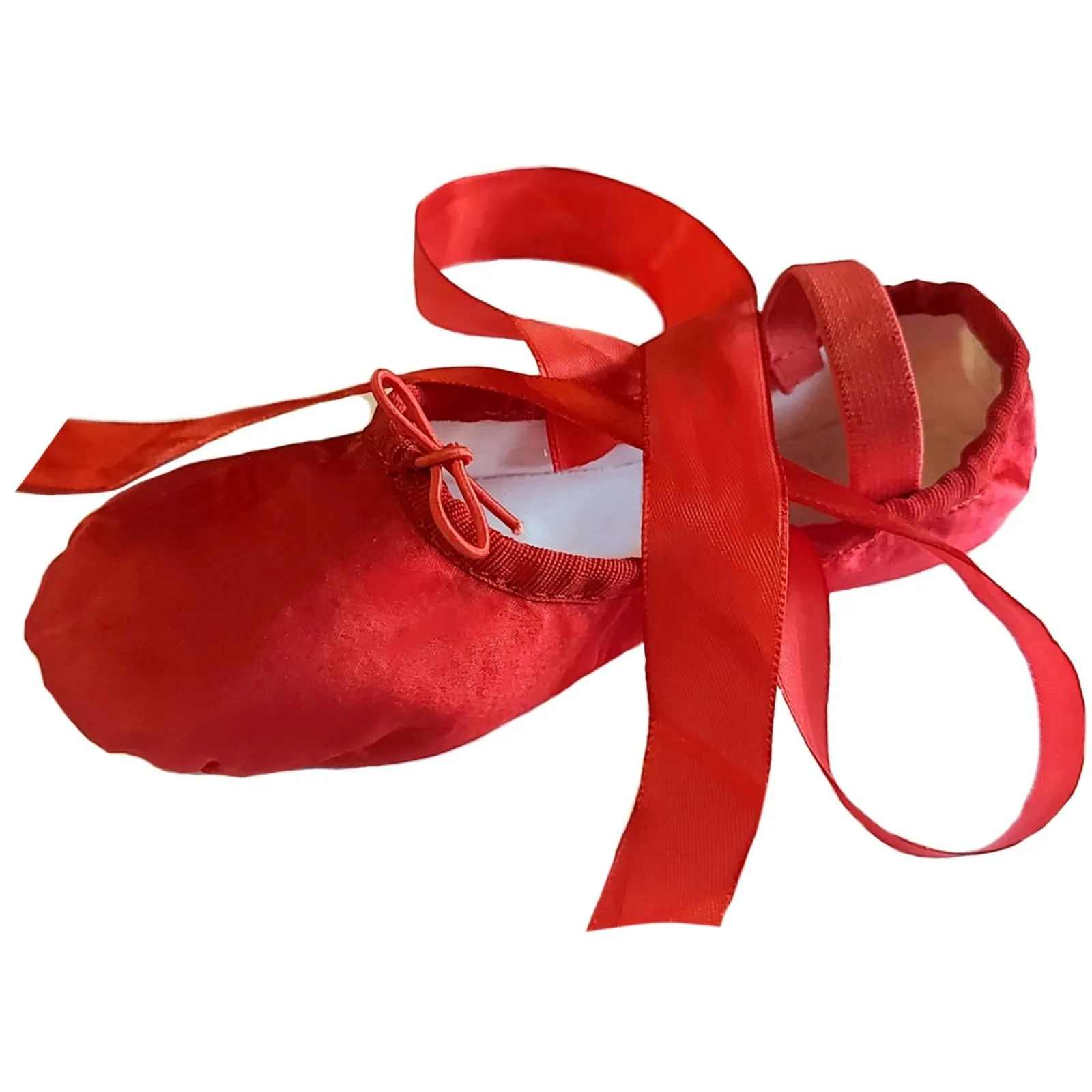 Ballet Shoes with Ribbons, Red Silky Satin with Leather Split Sole