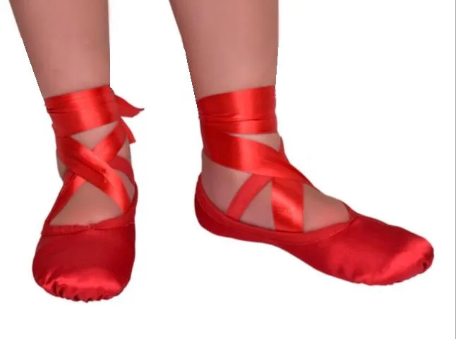 Ballet Shoes with Ribbons, Red Silky Satin with Leather Split Sole