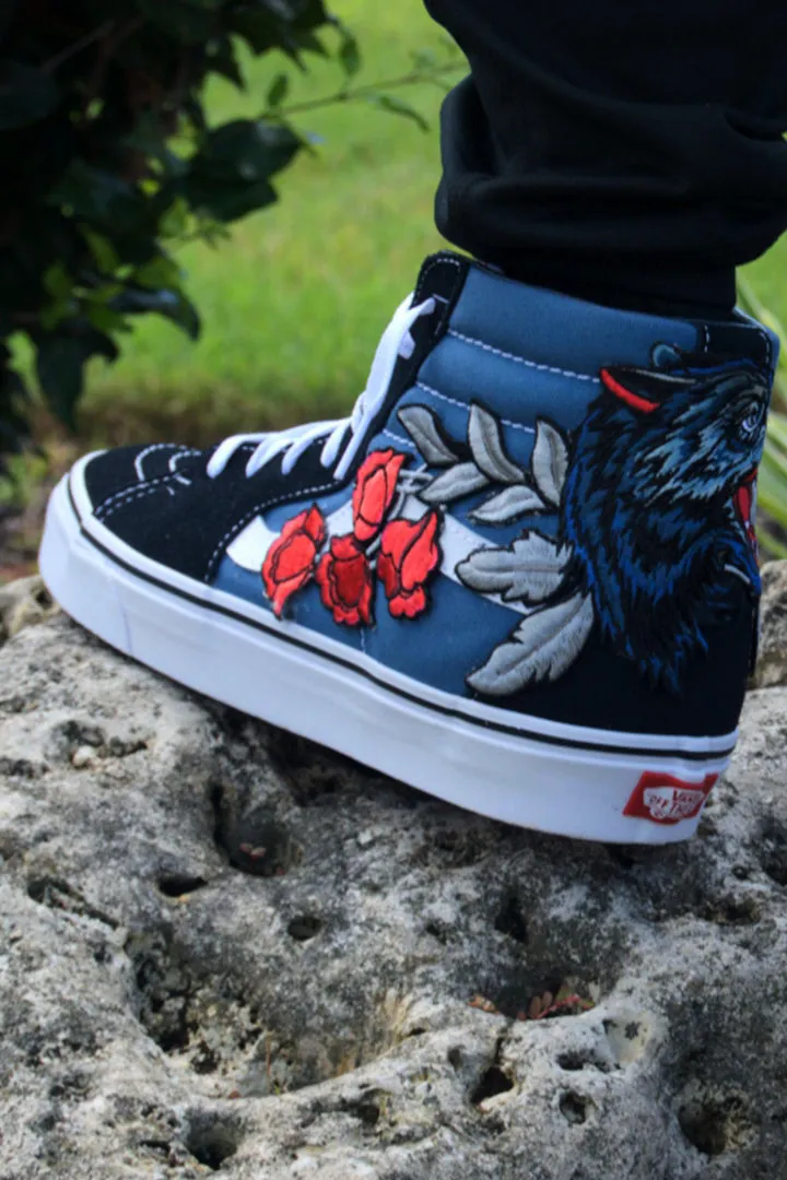 Custom Embroidered Wolf Rose Vans Two Tone Sneakers Shoes