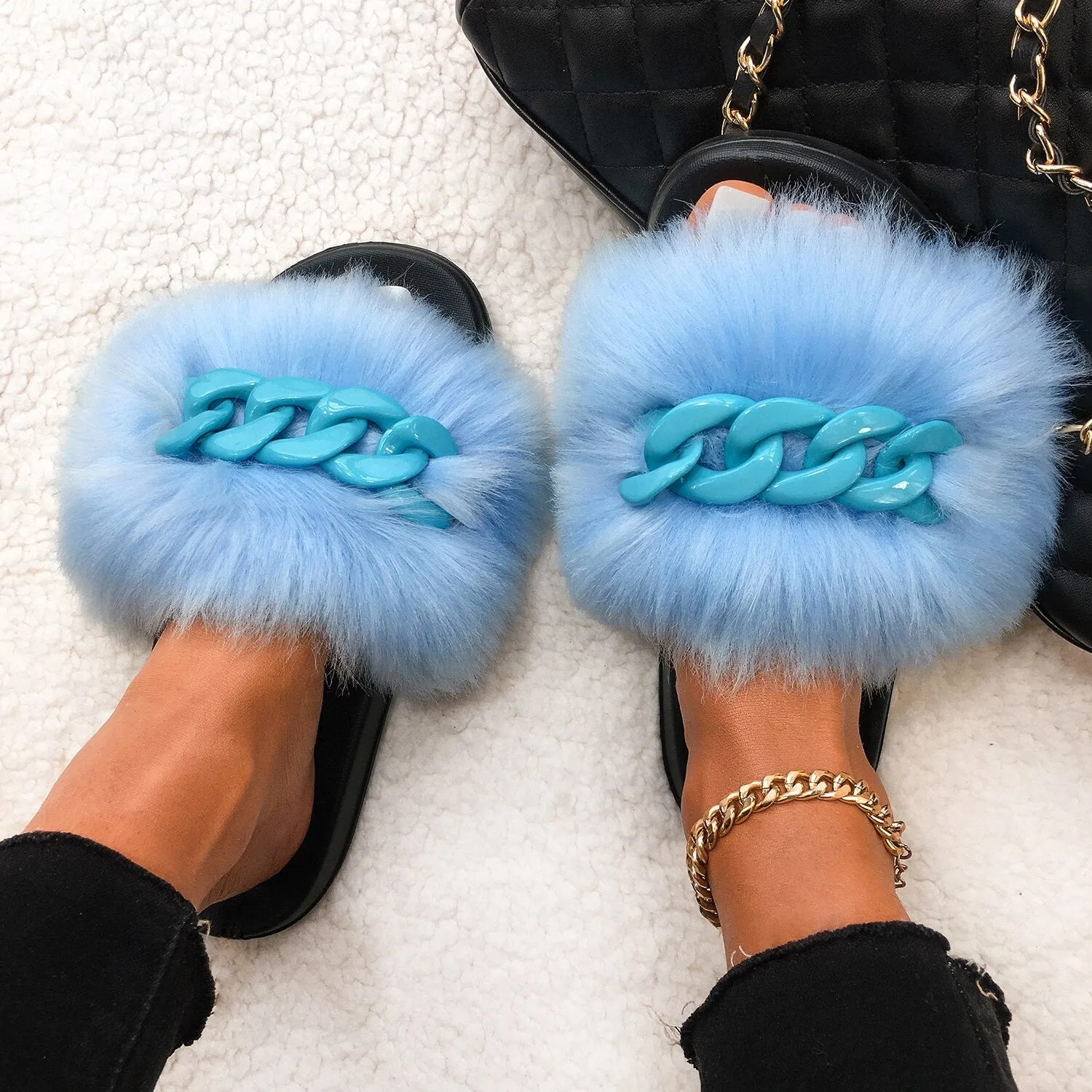 Faux Fox Fur Chain Slides