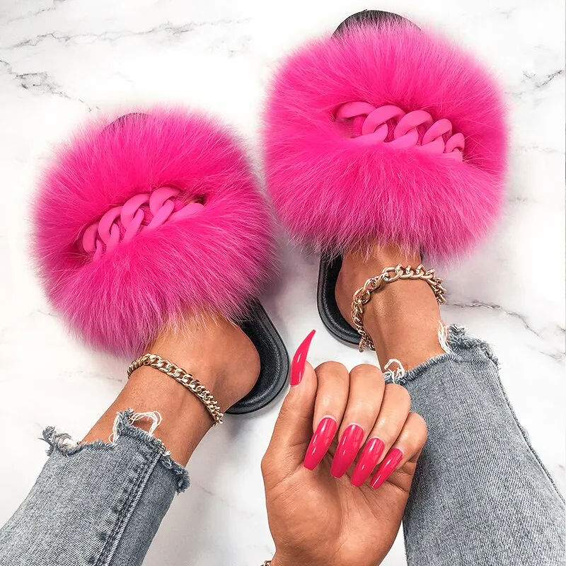 Faux Fox Fur Chain Slides