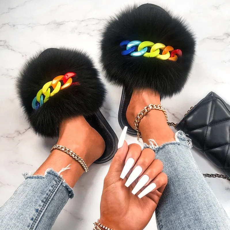 Faux Fox Fur Chain Slides