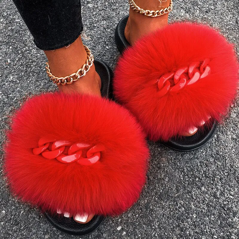 Faux Fox Fur Chain Slides