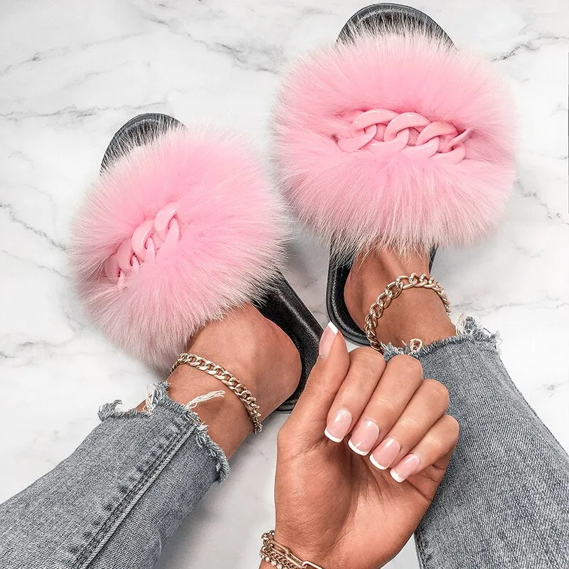 Faux Fox Fur Chain Slides