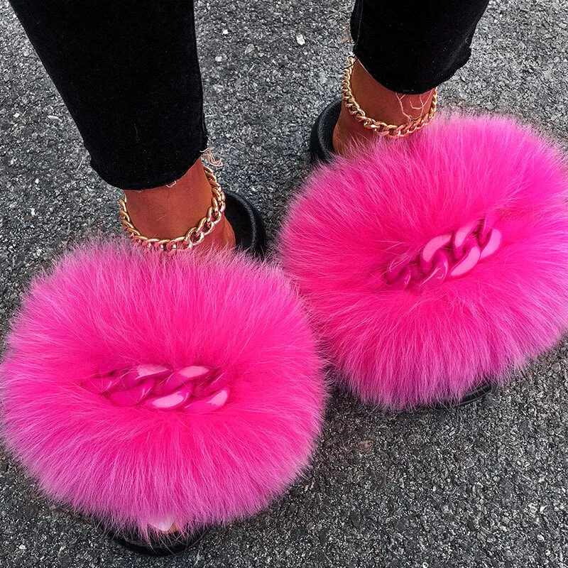 Faux Fox Fur Chain Slides