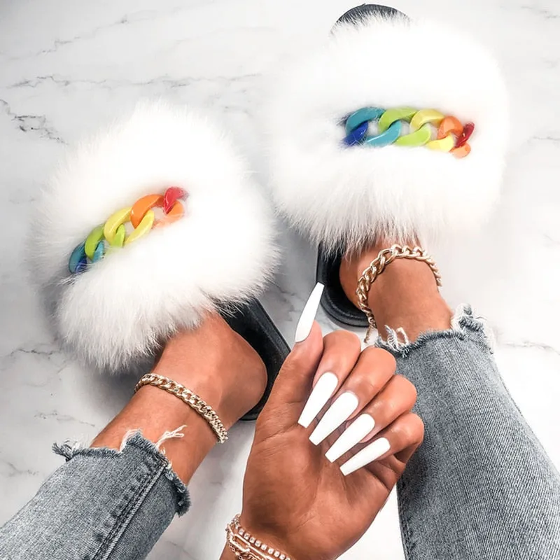 Faux Fox Fur Chain Slides