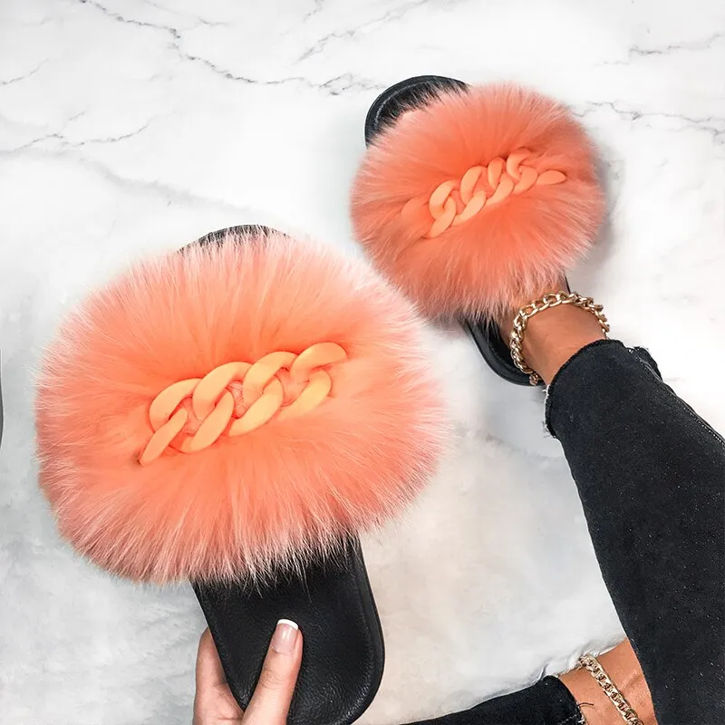 Faux Fox Fur Chain Slides