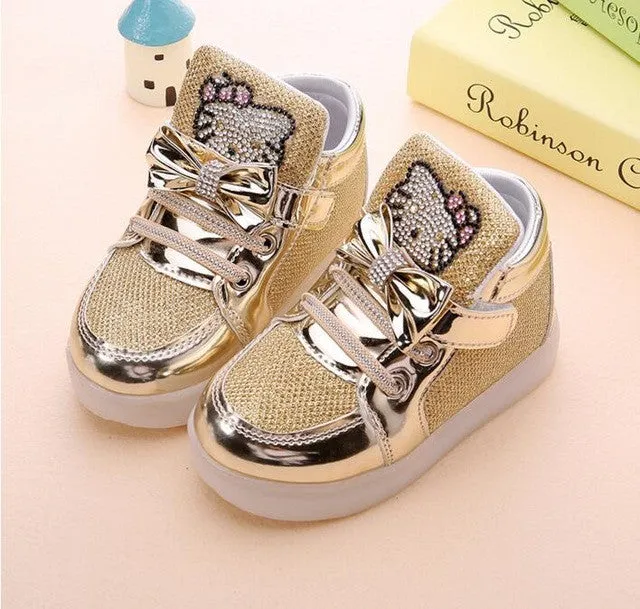 Hot New Baby Girls LED Light Shoes Toddler Anti-Slip Sports Boots Kids Sneakers Children's Cartoon Kitty Flats shoes 5 colors