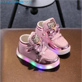 Hot New Baby Girls LED Light Shoes Toddler Anti-Slip Sports Boots Kids Sneakers Children's Cartoon Kitty Flats shoes 5 colors