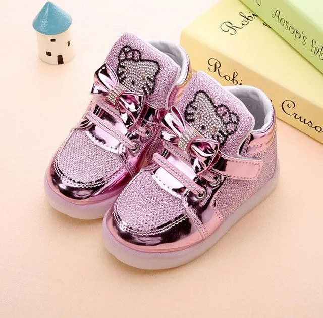 Hot New Baby Girls LED Light Shoes Toddler Anti-Slip Sports Boots Kids Sneakers Children's Cartoon Kitty Flats shoes 5 colors