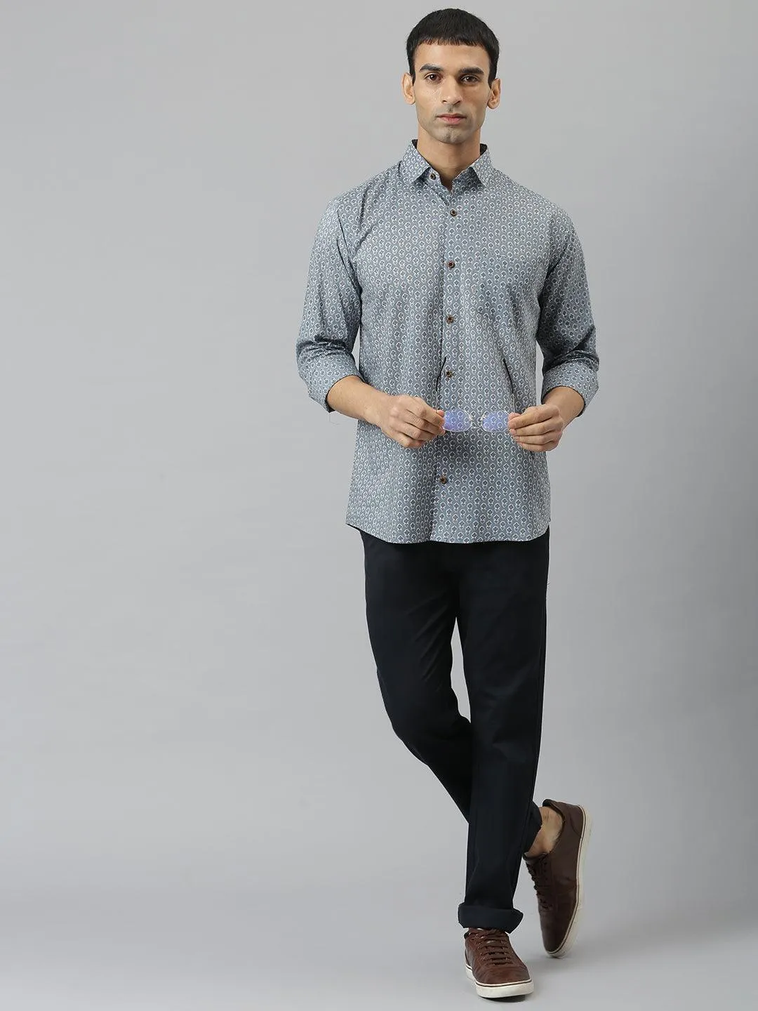 Millennial Men Grey & White  Cotton  Full Sleeve  Shirt For Men-Mmf0275