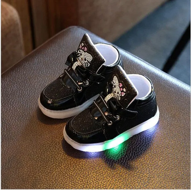 New Cartoon Cat Diamond Princess Girls Sports Shoes Autumn-Winter Cartoon LED Sneakers Korean Children High Top Boots Kids Shoes