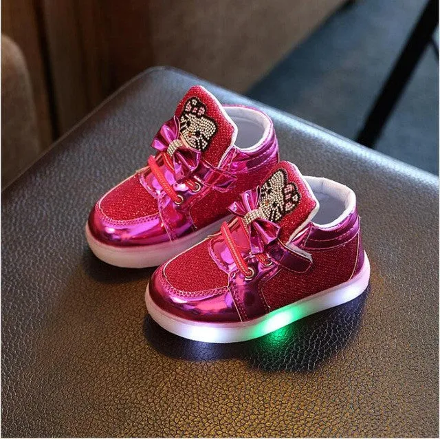 New Cartoon Cat Diamond Princess Girls Sports Shoes Autumn-Winter Cartoon LED Sneakers Korean Children High Top Boots Kids Shoes