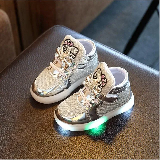 New Cartoon Cat Diamond Princess Girls Sports Shoes Autumn-Winter Cartoon LED Sneakers Korean Children High Top Boots Kids Shoes