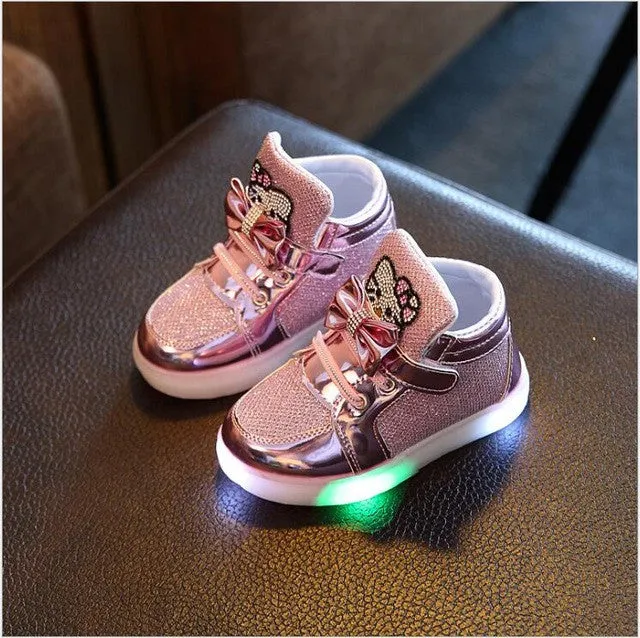 New Cartoon Cat Diamond Princess Girls Sports Shoes Autumn-Winter Cartoon LED Sneakers Korean Children High Top Boots Kids Shoes